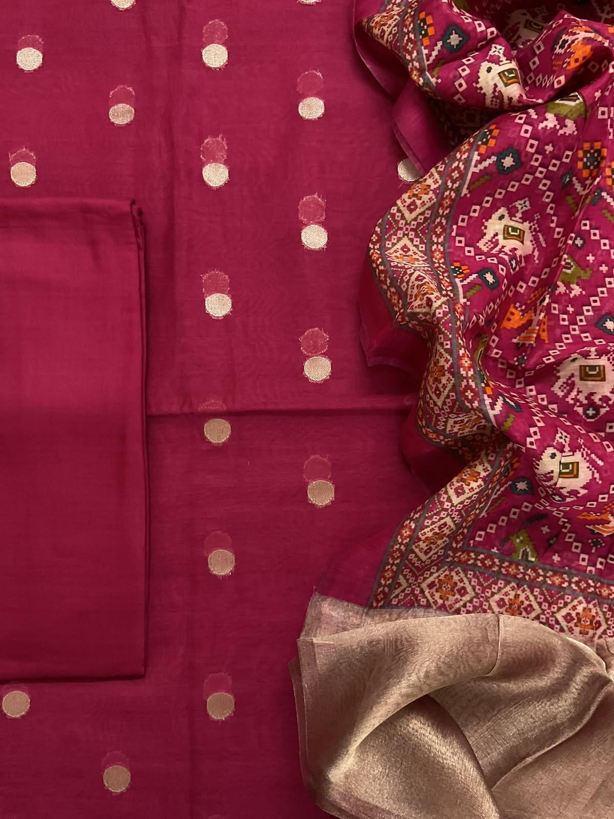 Pure Mul Chanderi Printed Banarasi Weaved Suit - Dark Pink