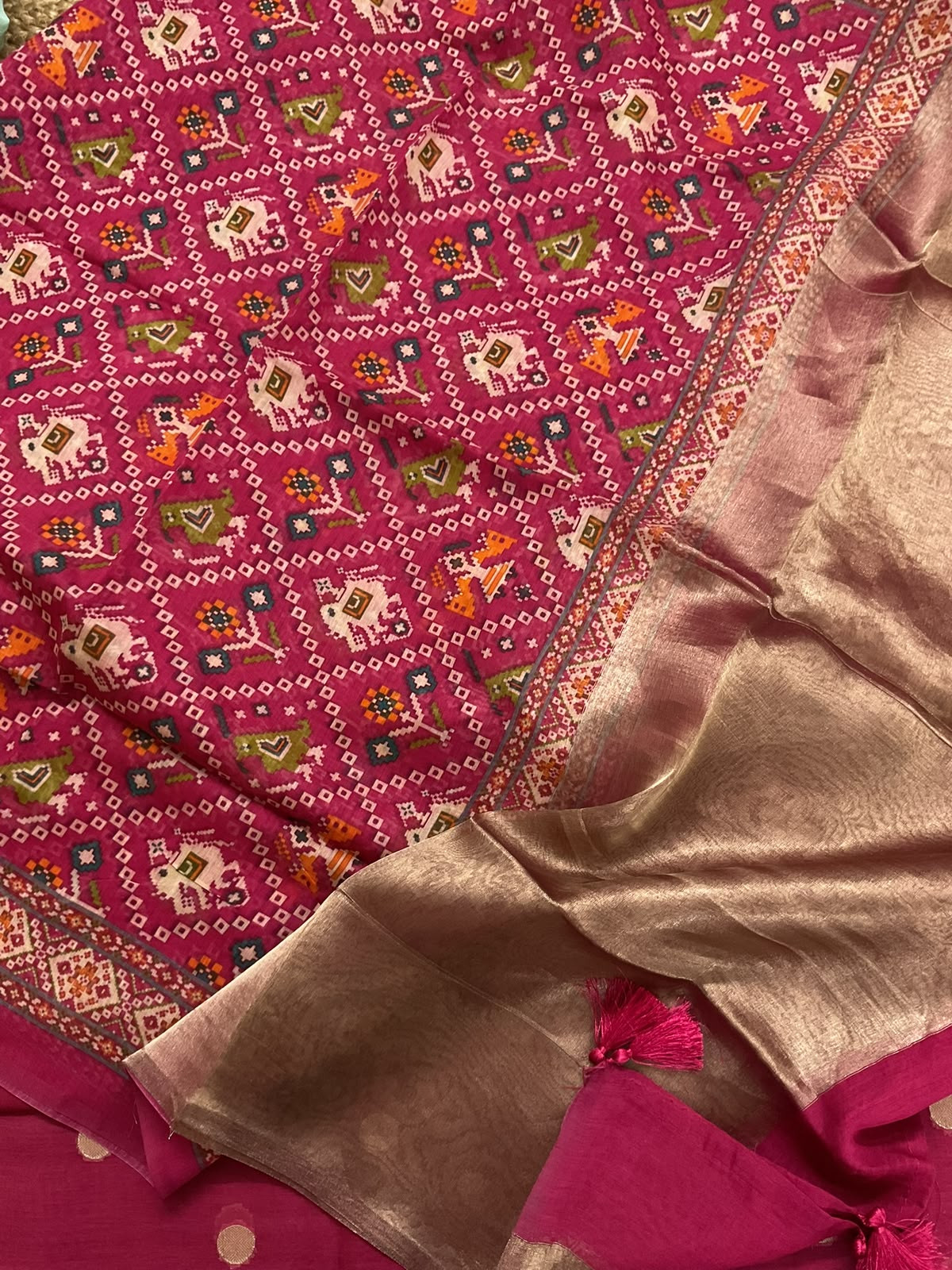 Pure Mul Chanderi Printed Banarasi Weaved Suit - Dark Pink