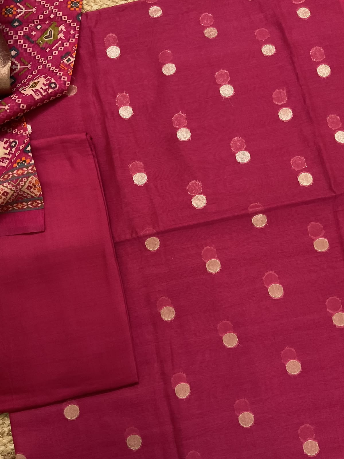Pure Mul Chanderi Printed Banarasi Weaved Suit - Dark Pink
