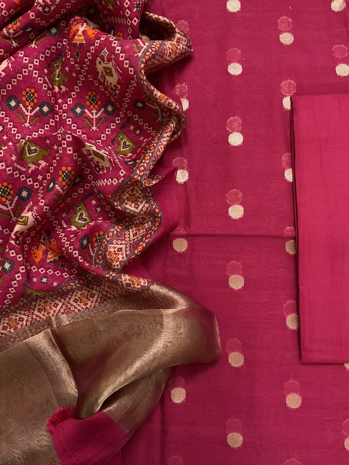 Pure Mul Chanderi Printed Banarasi Weaved Suit - Dark Pink