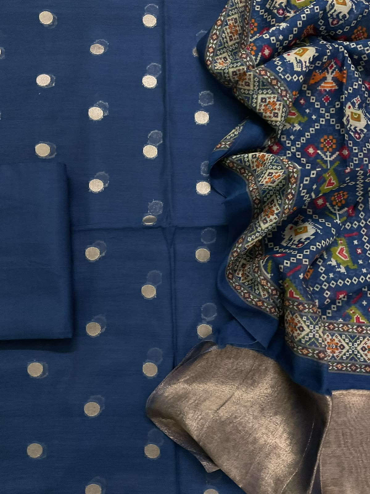 Pure Mul Chanderi Printed Banarasi Weaved Suit - Blue