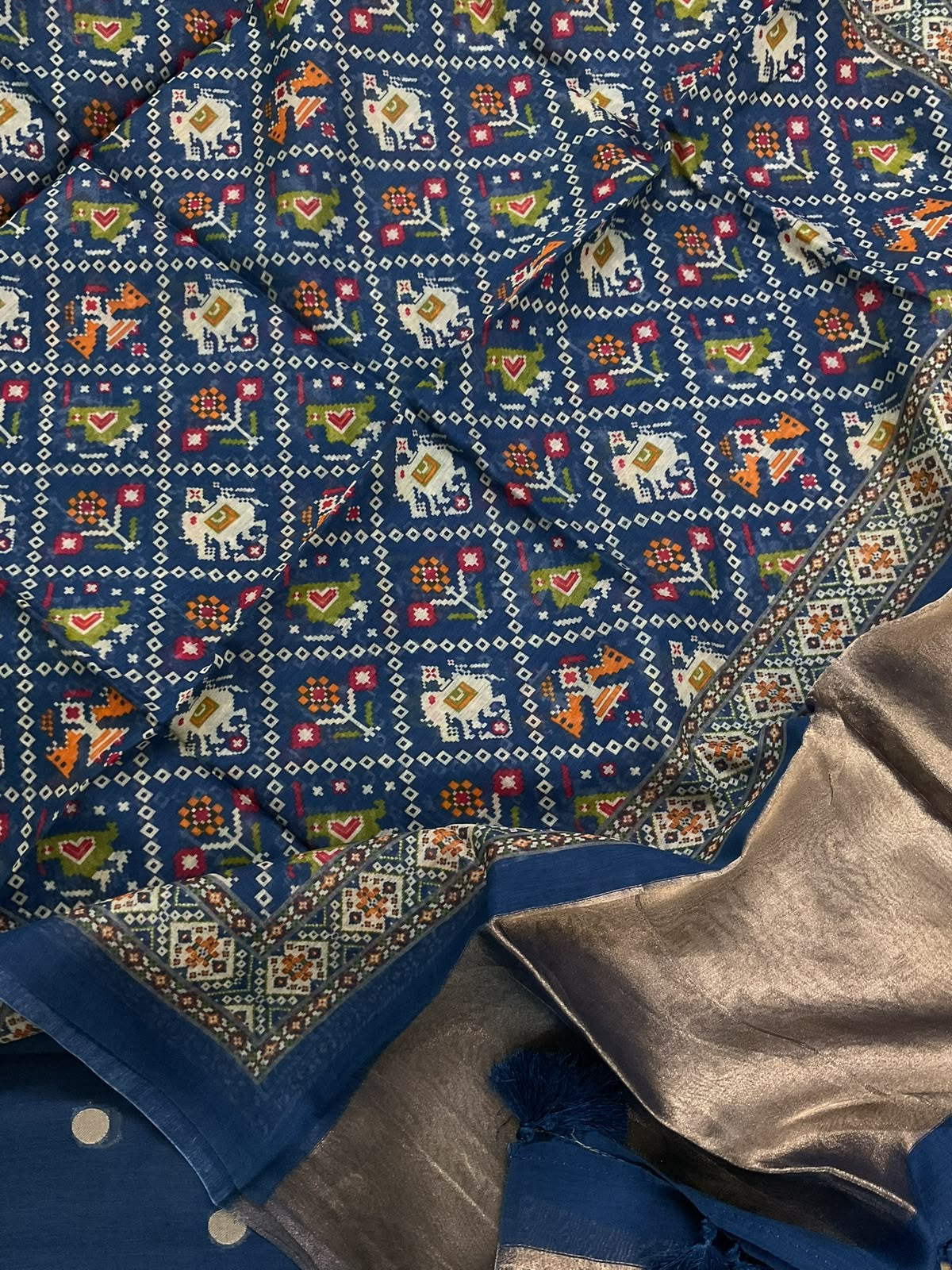 Pure Mul Chanderi Printed Banarasi Weaved Suit - Blue