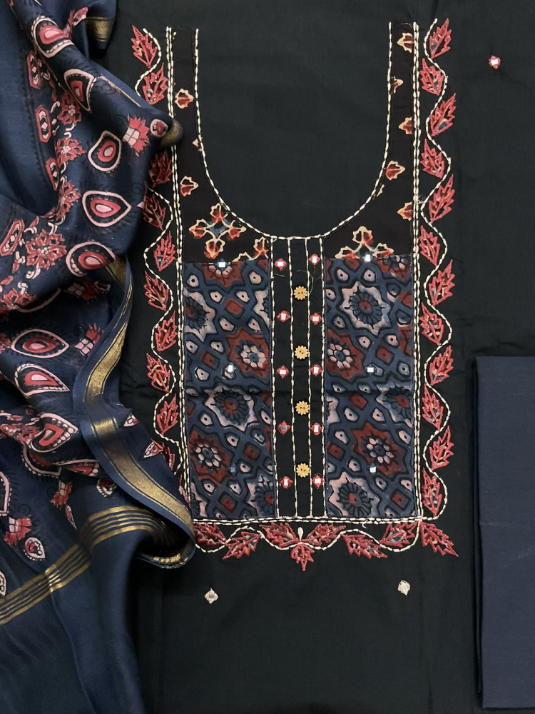 Image of Pure Cotton Printed Embroidered Suit - Black