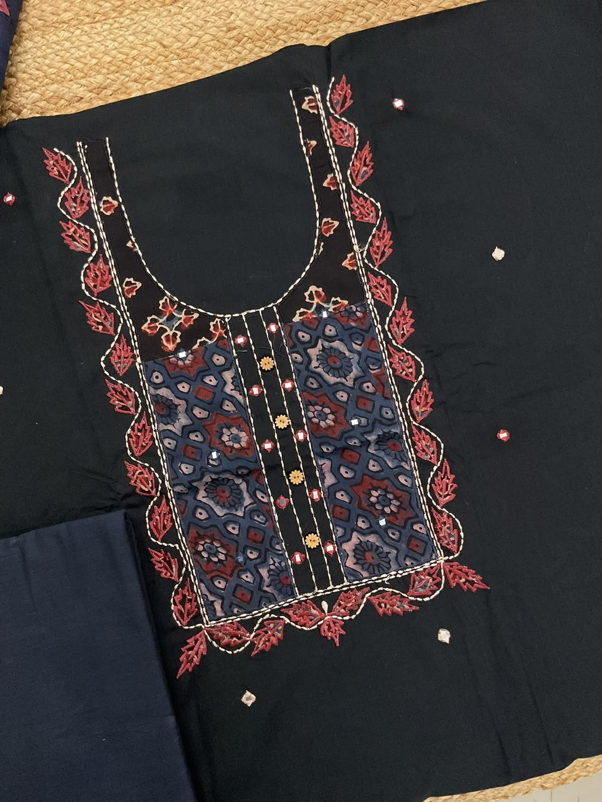 Pure Cotton Printed Embroidered Suit - Black