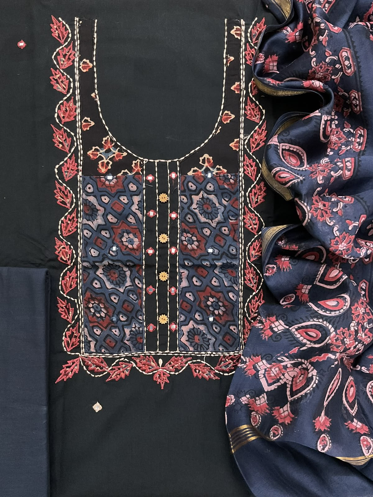 Pure Cotton Printed Embroidered Suit - Black