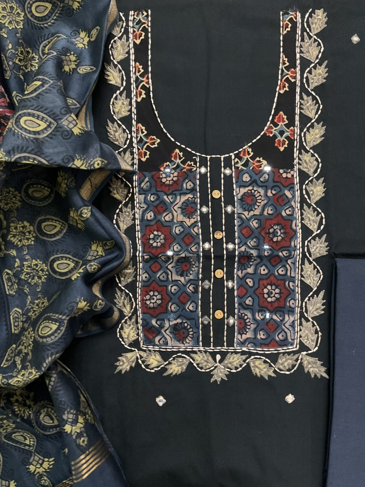 Image of Pure Cotton Printed Embroidered Suit - Black