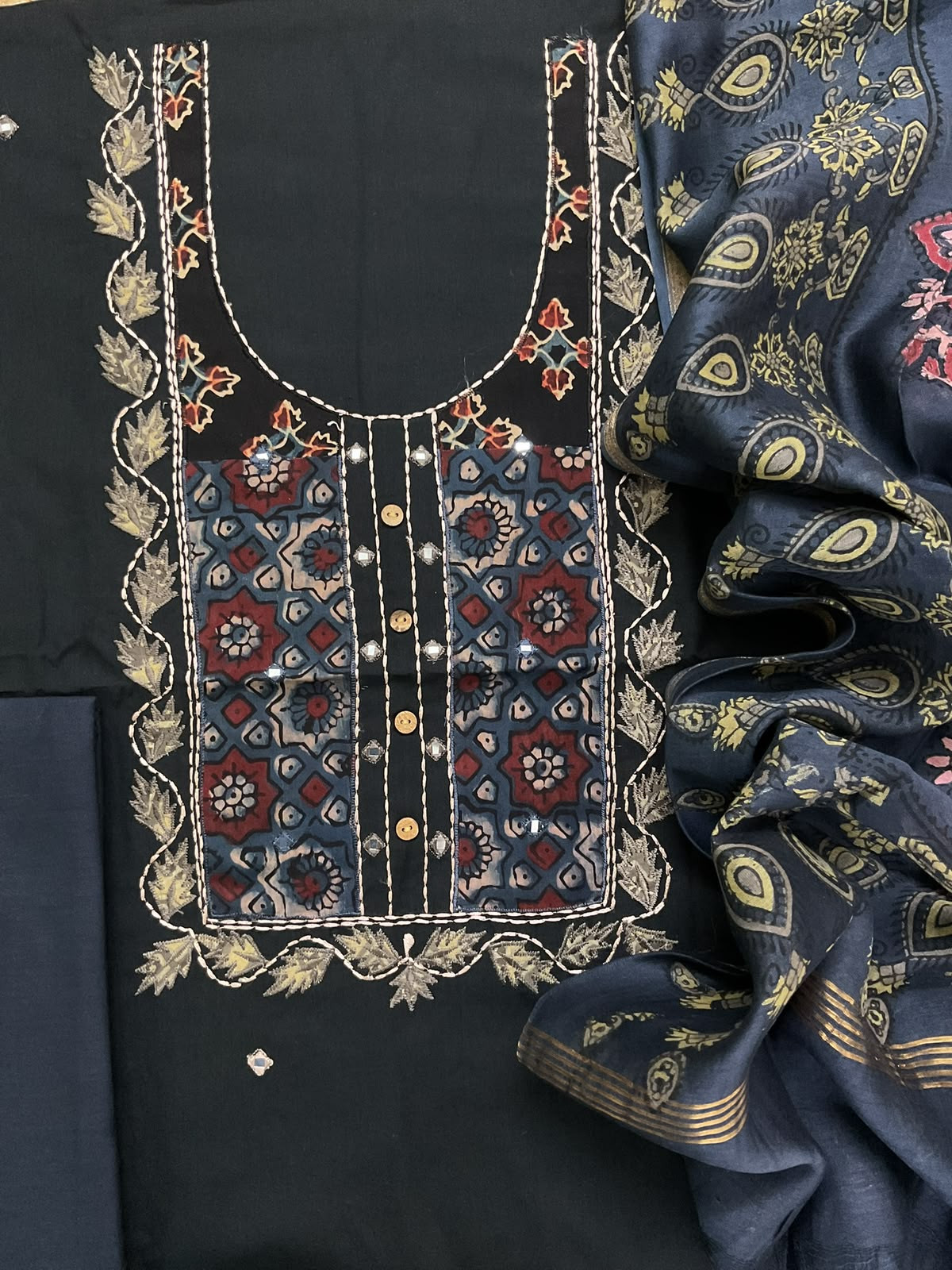 Pure Cotton Printed Embroidered Suit - Black