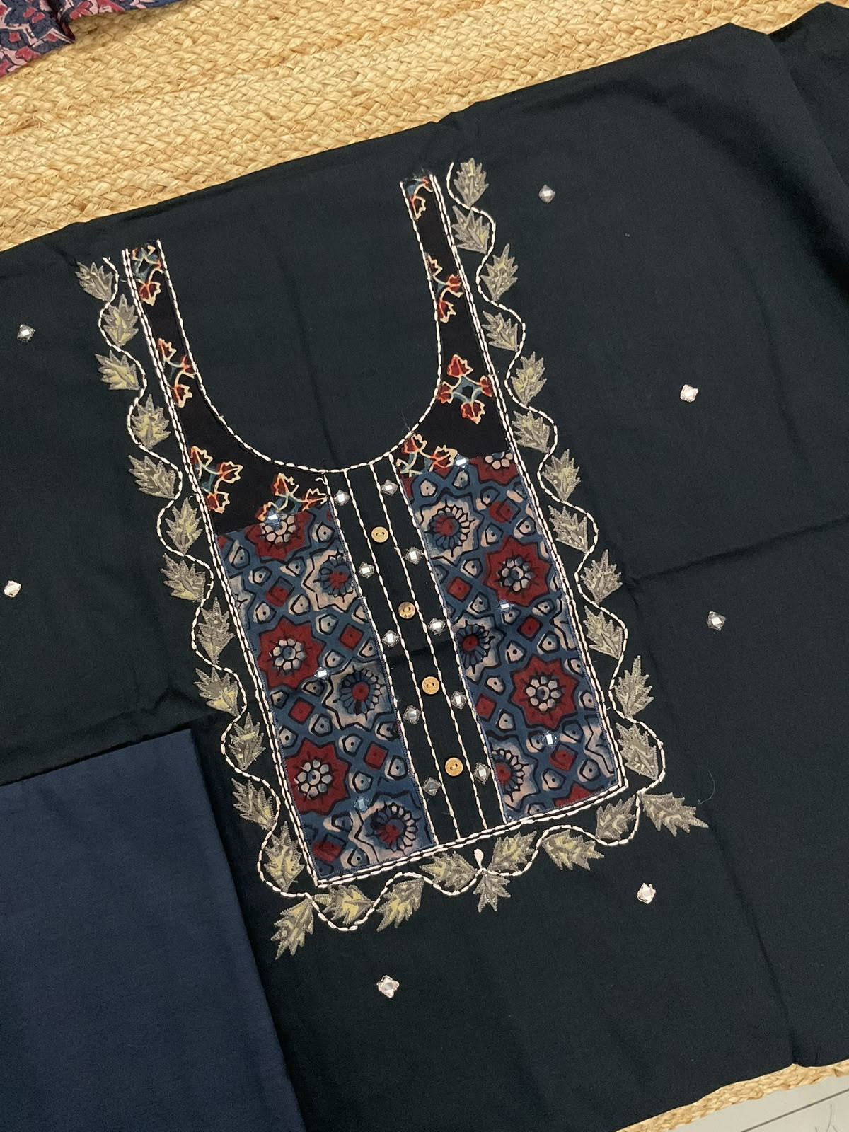 Pure Cotton Printed Embroidered Suit - Black