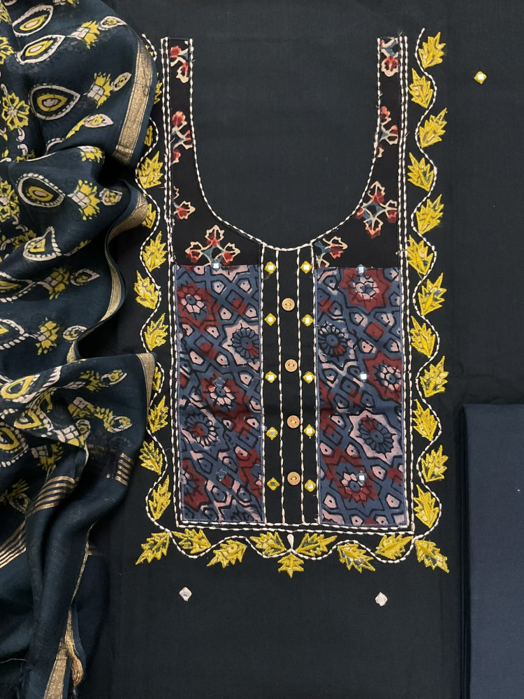Image of Pure Cotton Printed Embroidered Suit - Black