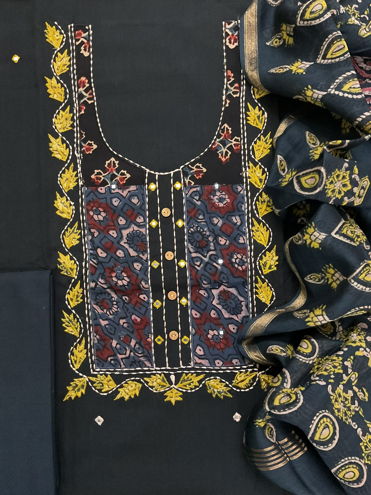 Pure Cotton Printed Embroidered Suit - Black