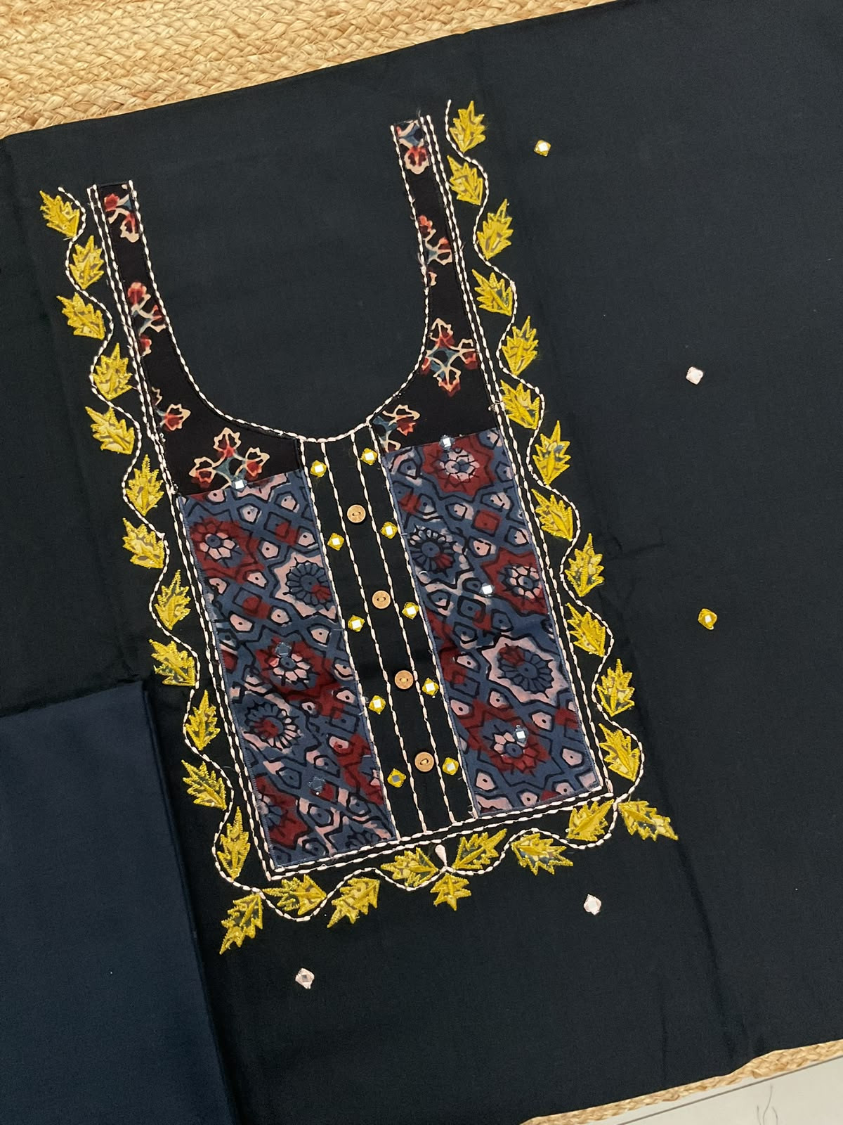 Pure Cotton Printed Embroidered Suit - Black