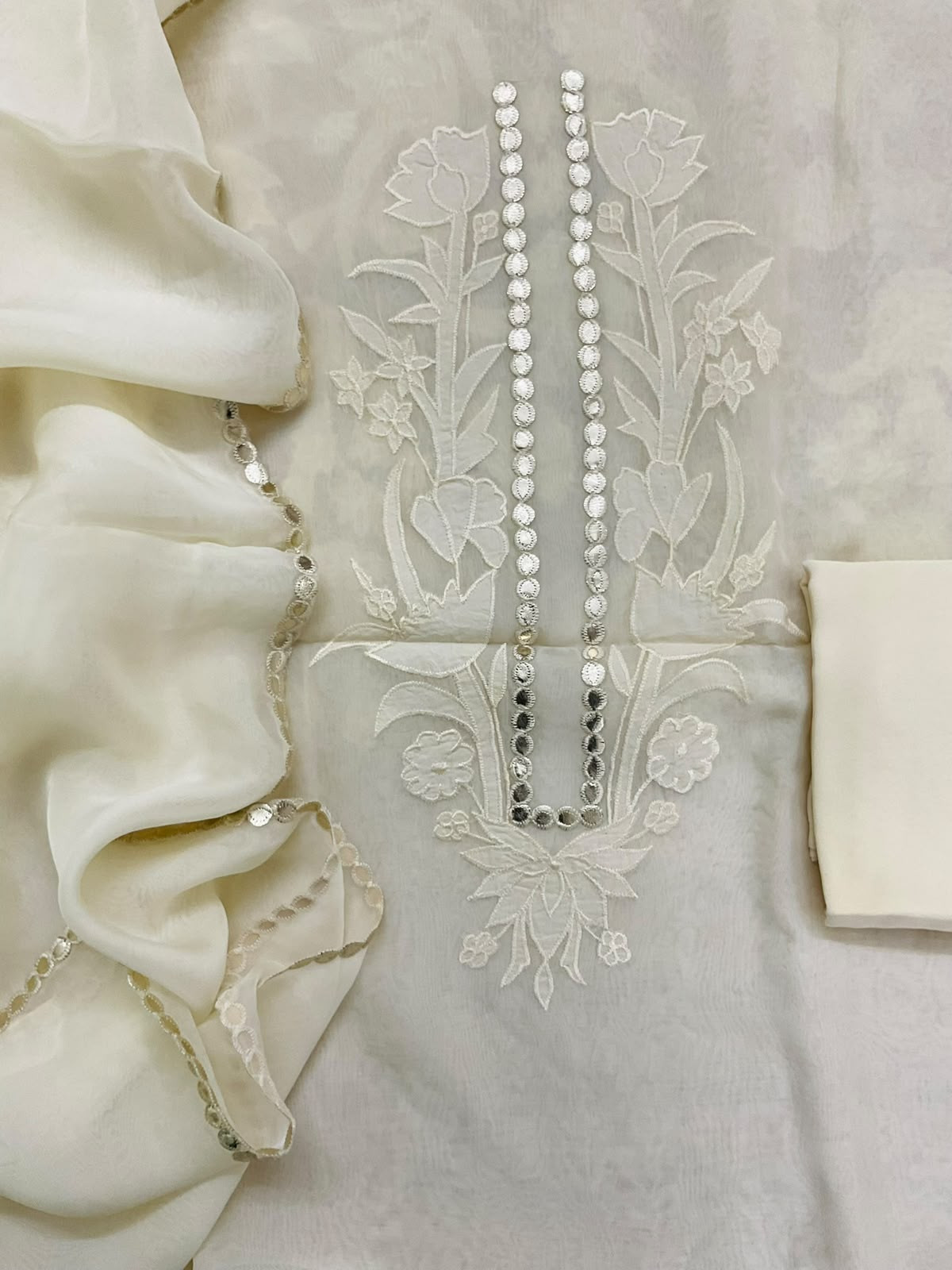 Pure Organza Embroidered Suit - Offwhite