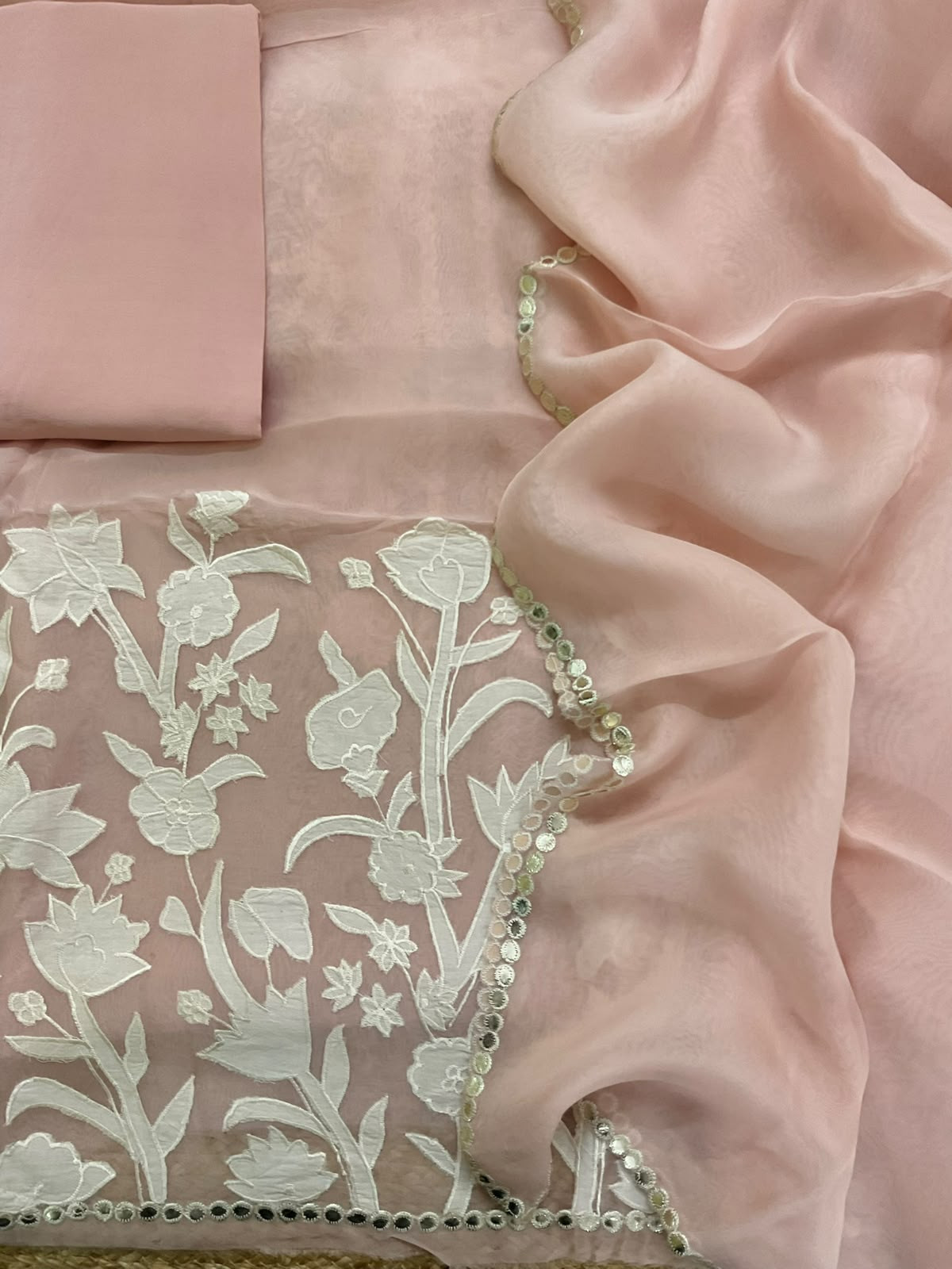 Pure Organza Embroidered Suit - Peach