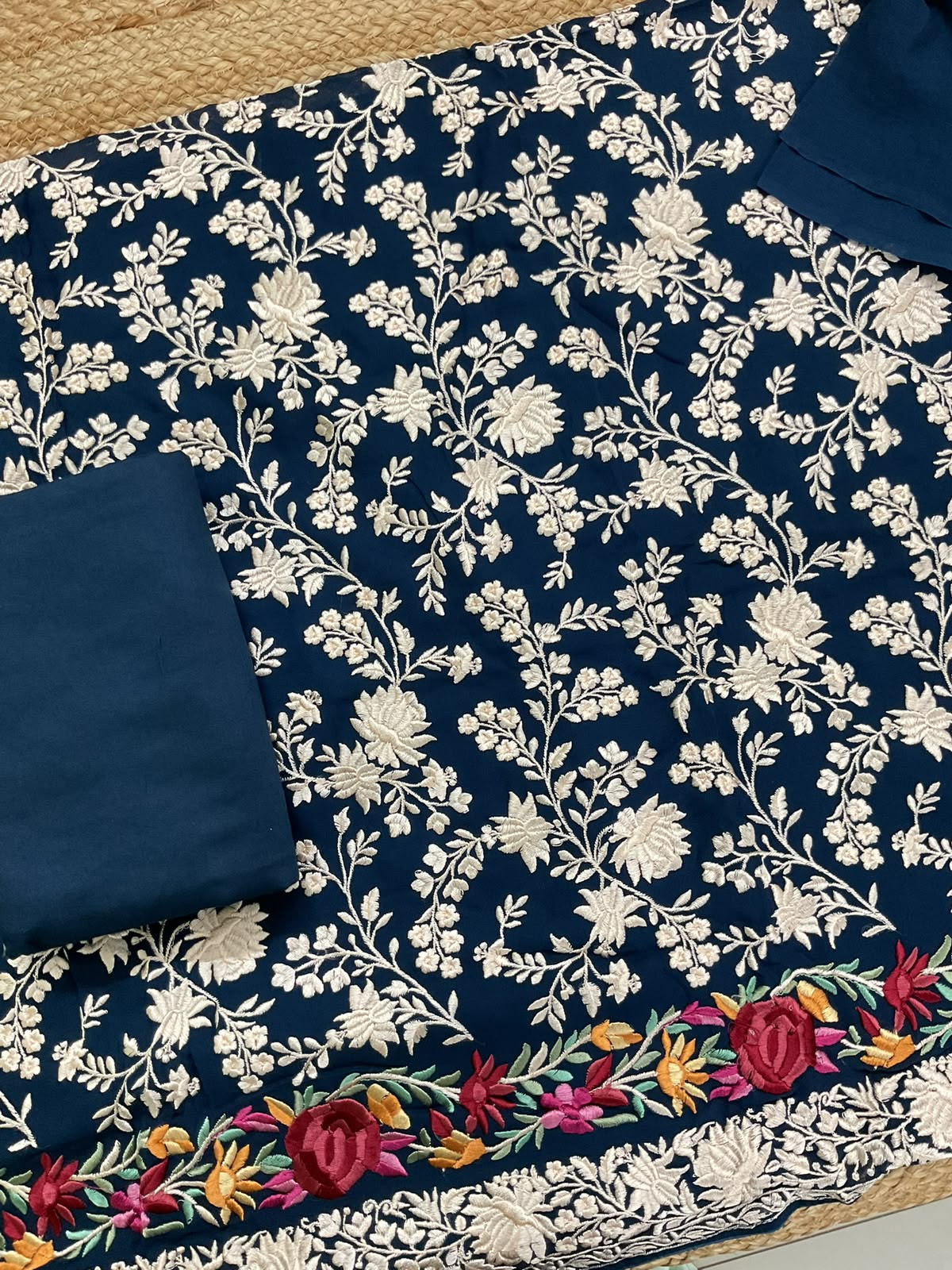 Pure Fine Georgette Embroidered Suit - Blue