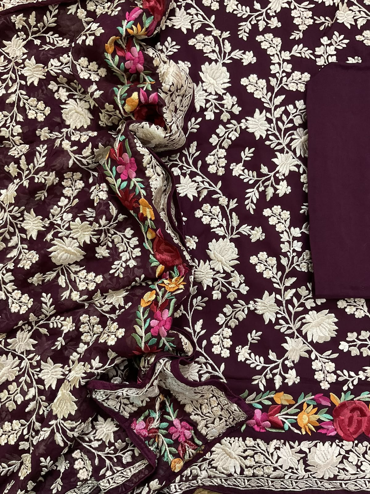 Pure Fine Georgette Embroidered Suit - Dark Maroon