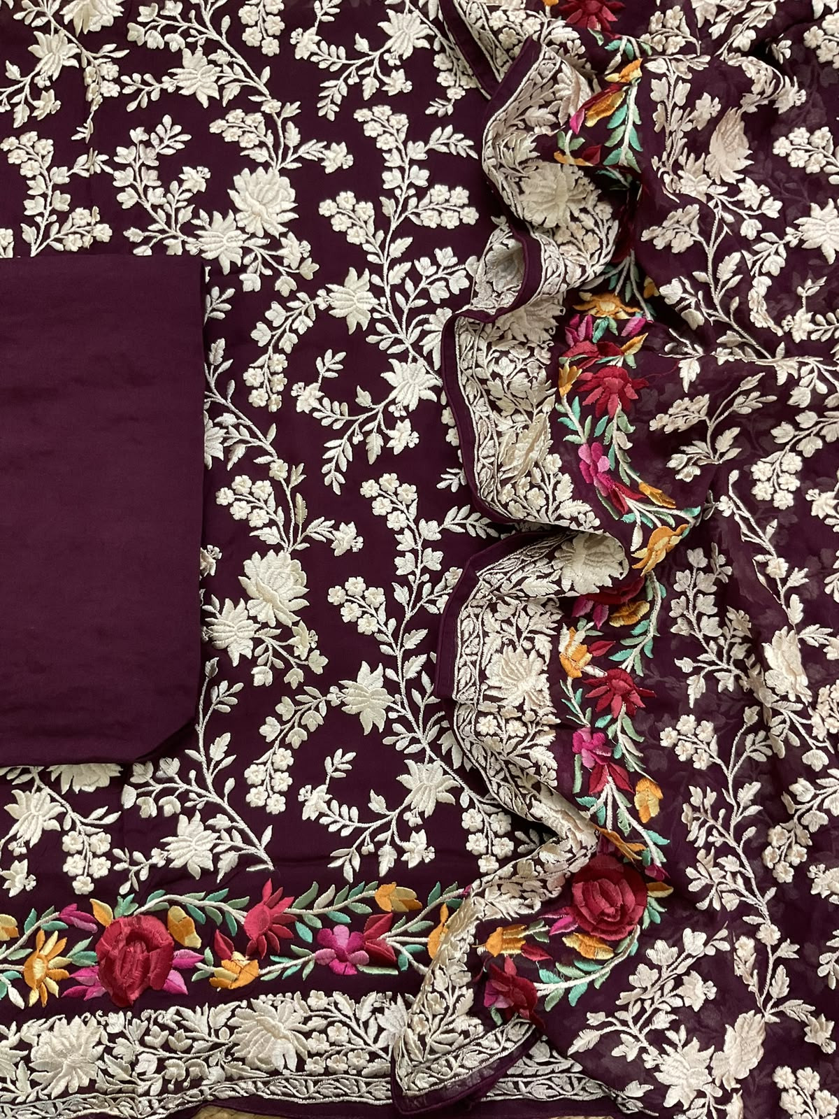 Pure Fine Georgette Embroidered Suit - Dark Maroon