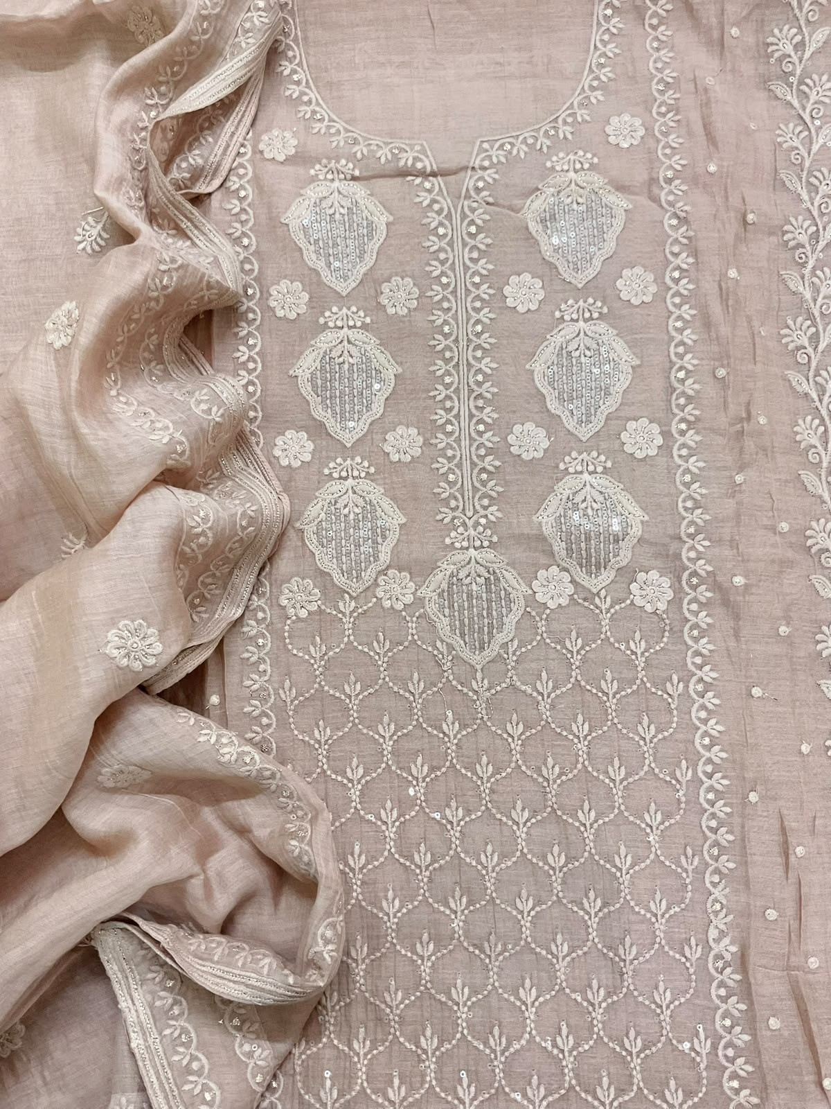 Pure Mul Chanderi Embroidered Suit - Beige