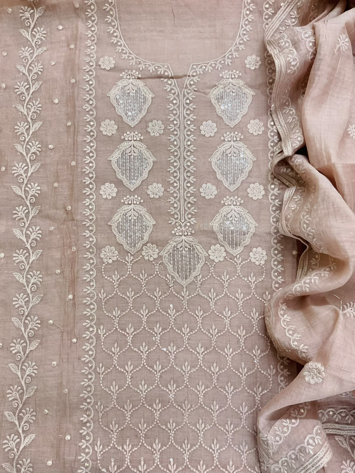 Pure Mul Chanderi Embroidered Suit - Beige