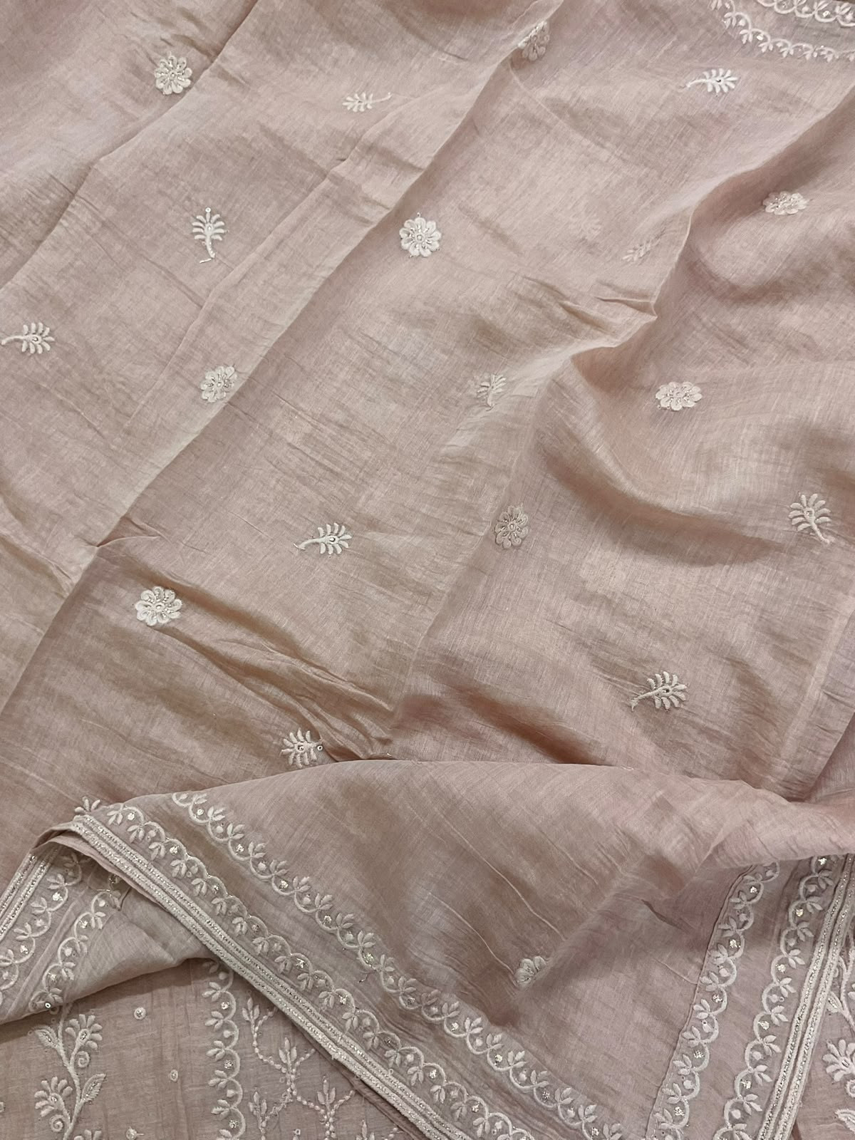 Pure Mul Chanderi Embroidered Suit - Beige