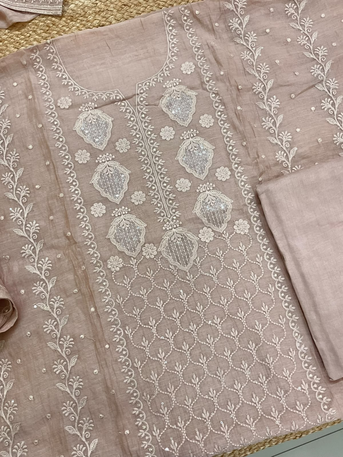 Pure Mul Chanderi Embroidered Suit - Beige