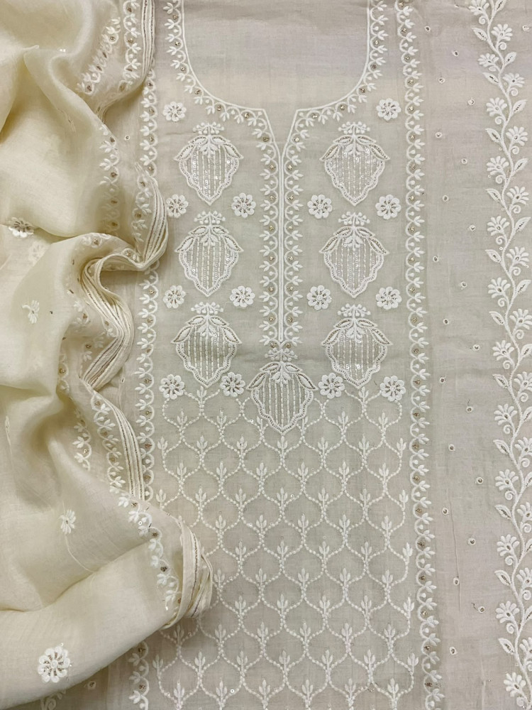 Image of Pure Mul Chanderi Embroidered Suit - Offwhite