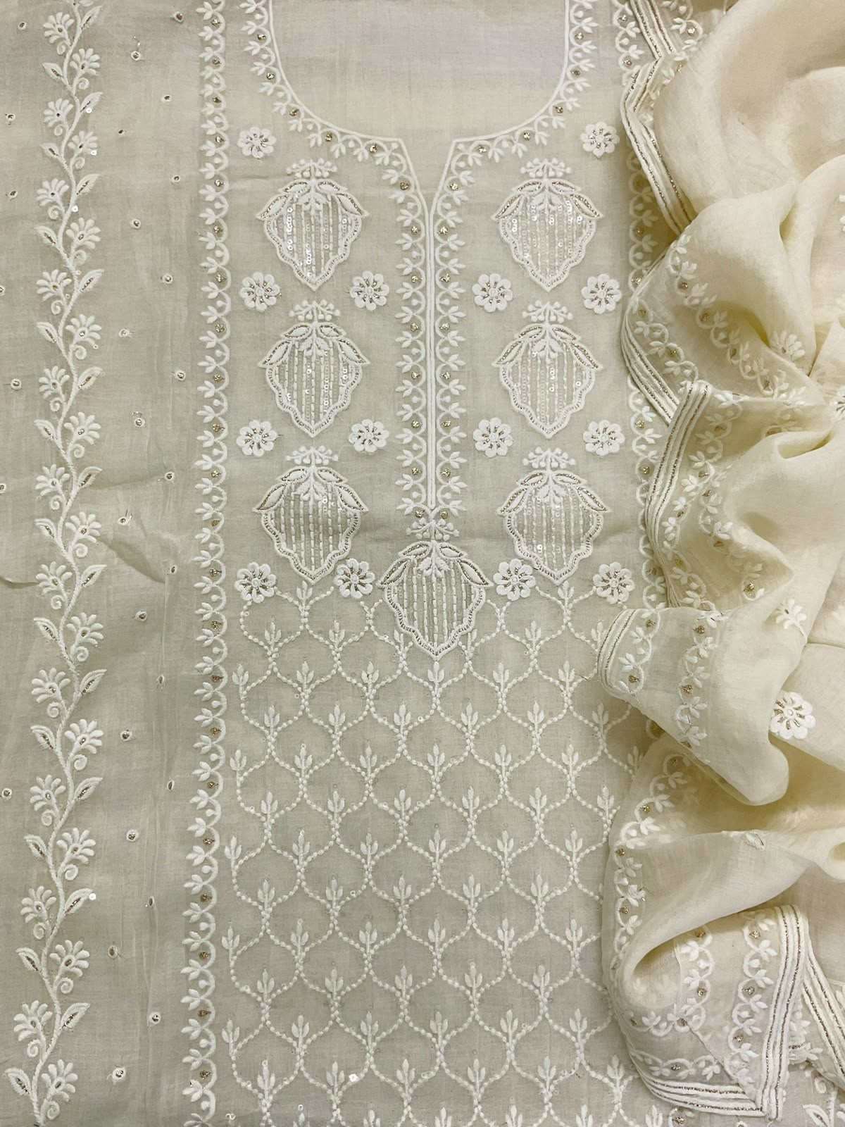Pure Mul Chanderi Embroidered Suit - Offwhite