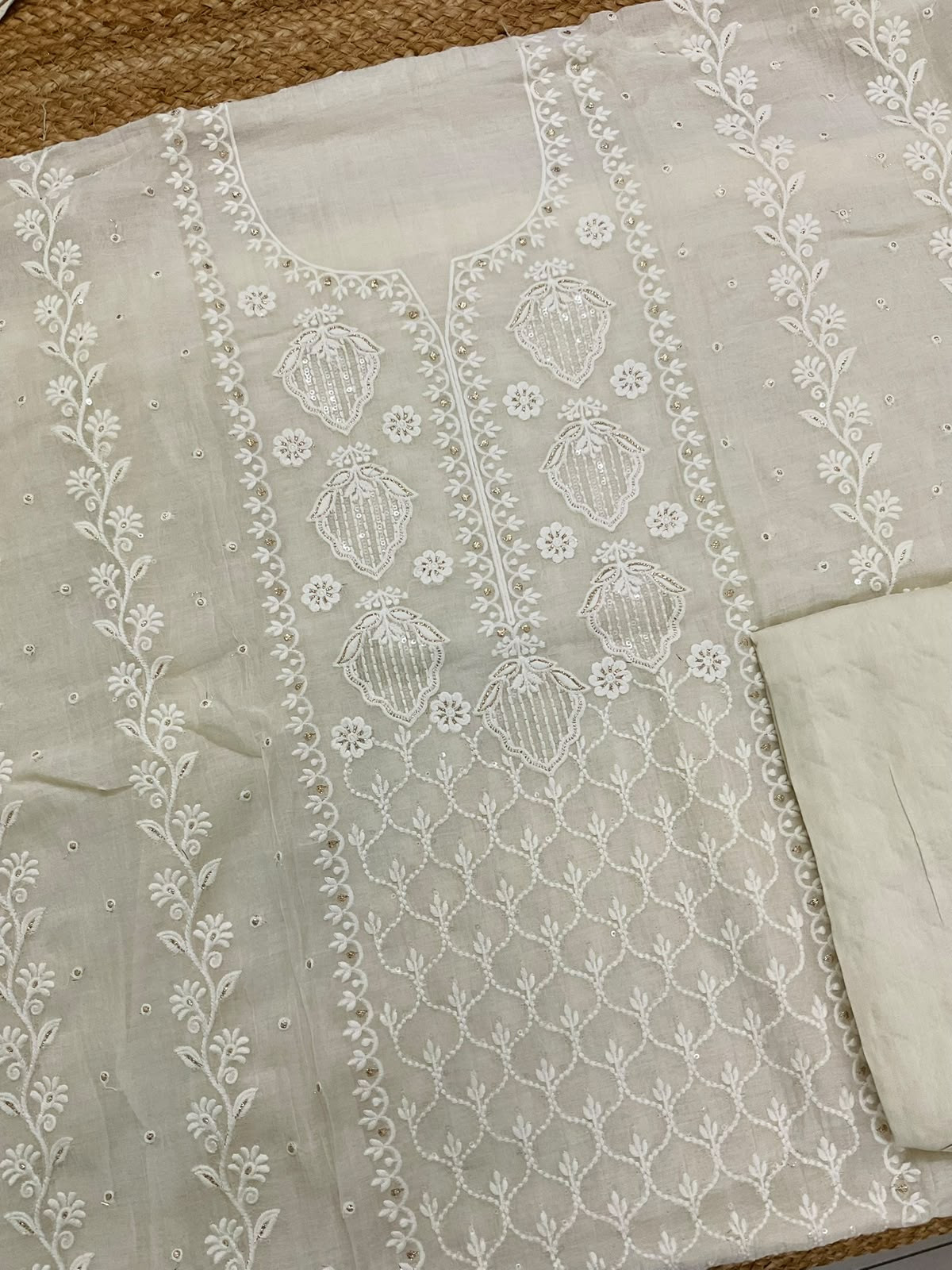 Pure Mul Chanderi Embroidered Suit - Offwhite
