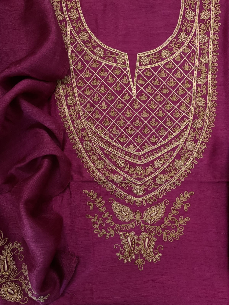 Image of Pure Raw Silk Embroidered Suit - Magenta