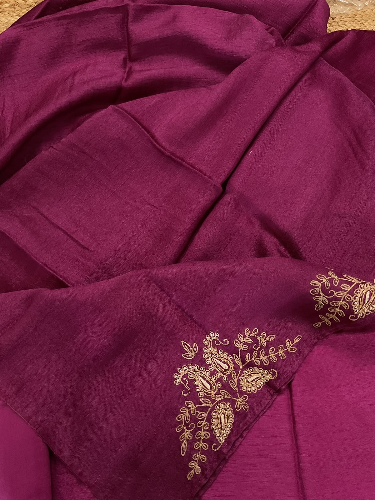 Pure Raw Silk Embroidered Suit - Magenta