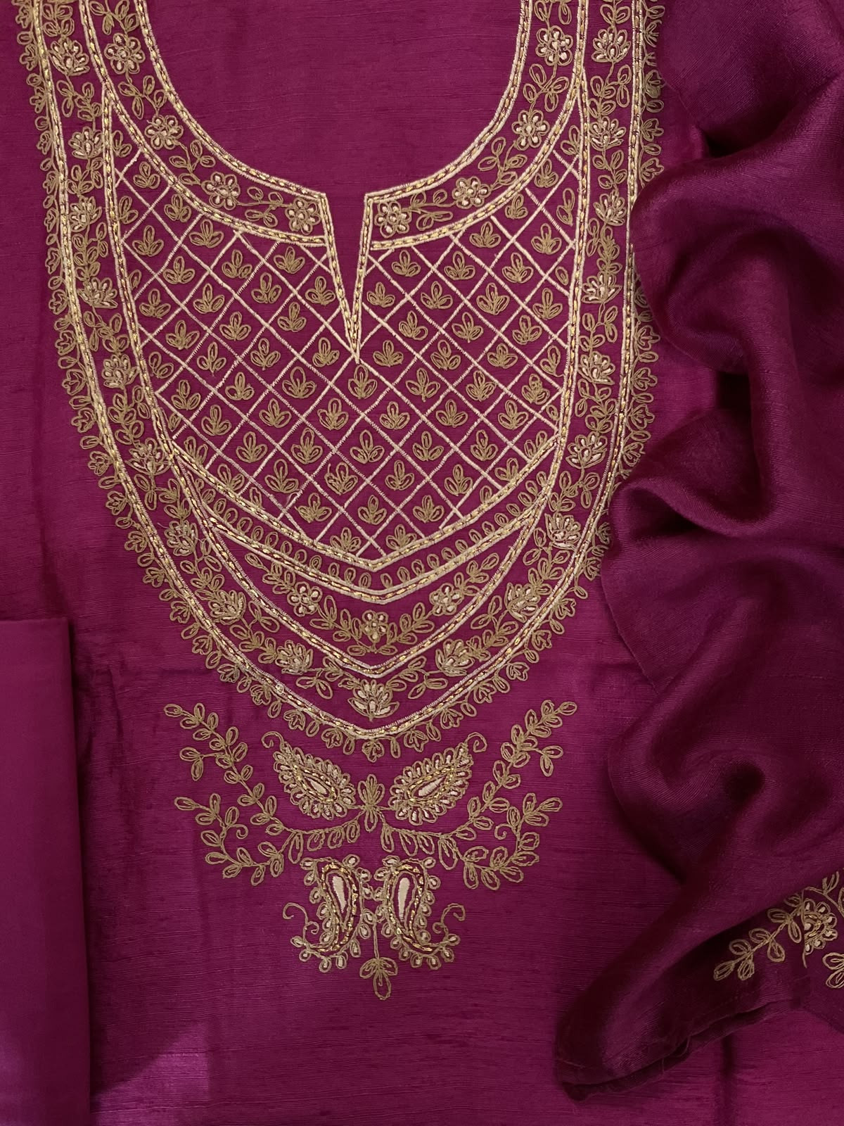 Pure Raw Silk Embroidered Suit - Magenta