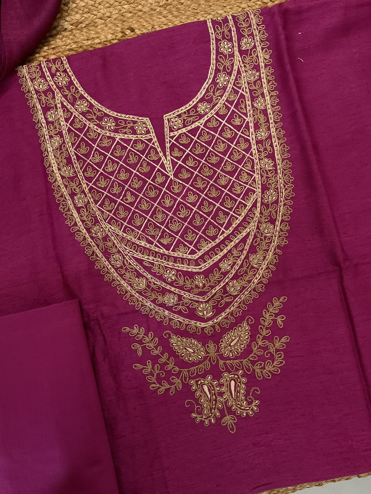 Pure Raw Silk Embroidered Suit - Magenta