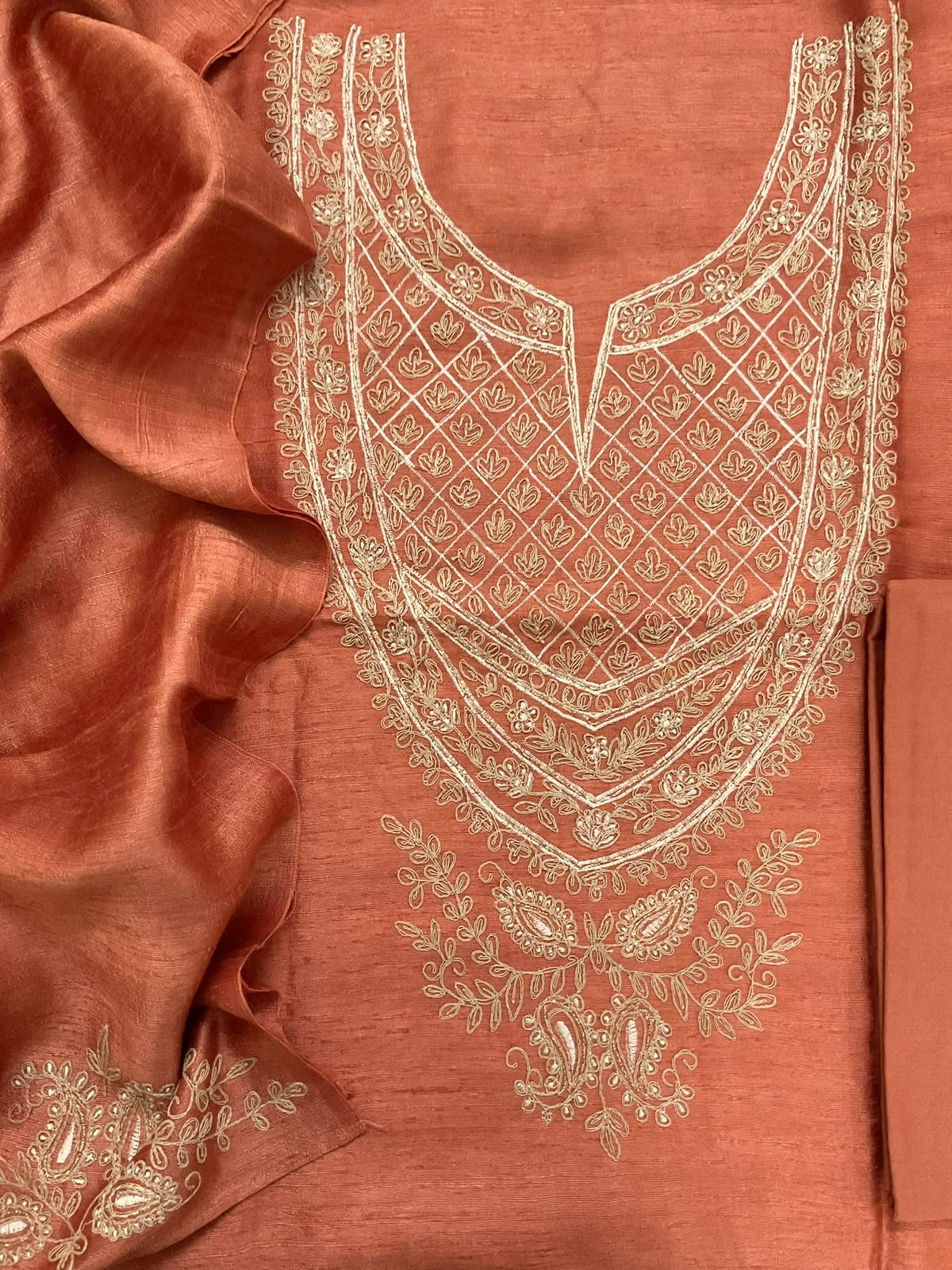 Pure Raw Silk Embroidered Suit - Rustic Orange