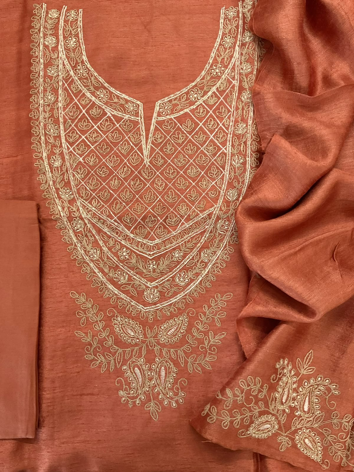 Pure Raw Silk Embroidered Suit - Rustic Orange