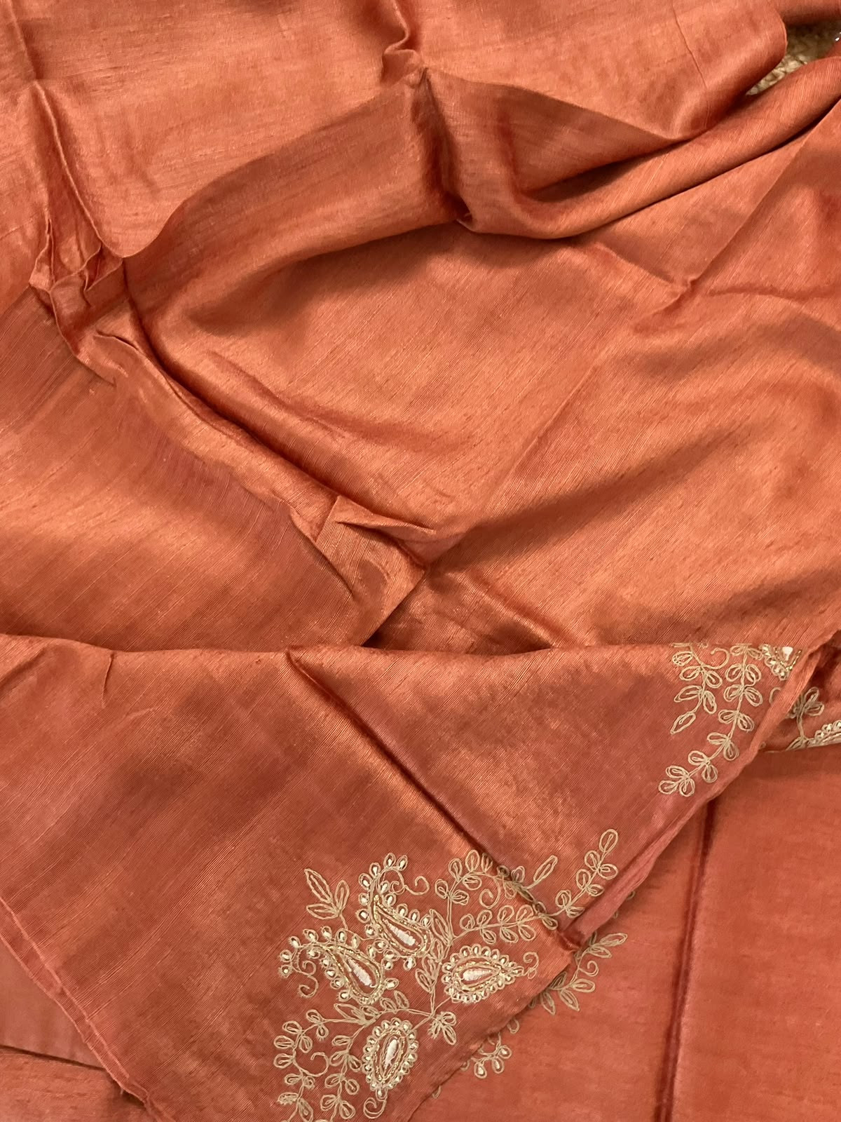 Pure Raw Silk Embroidered Suit - Rustic Orange