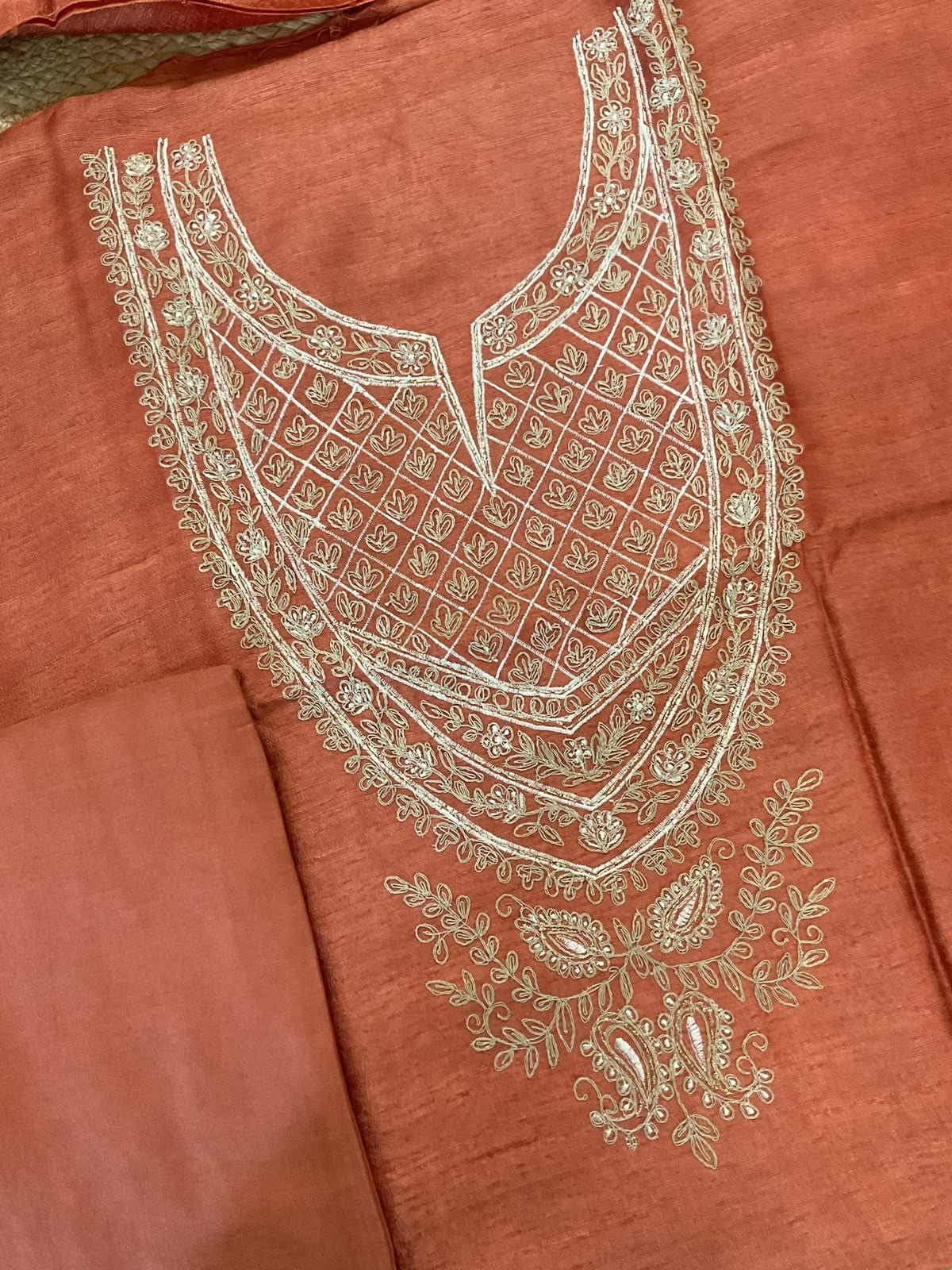 Pure Raw Silk Embroidered Suit - Rustic Orange