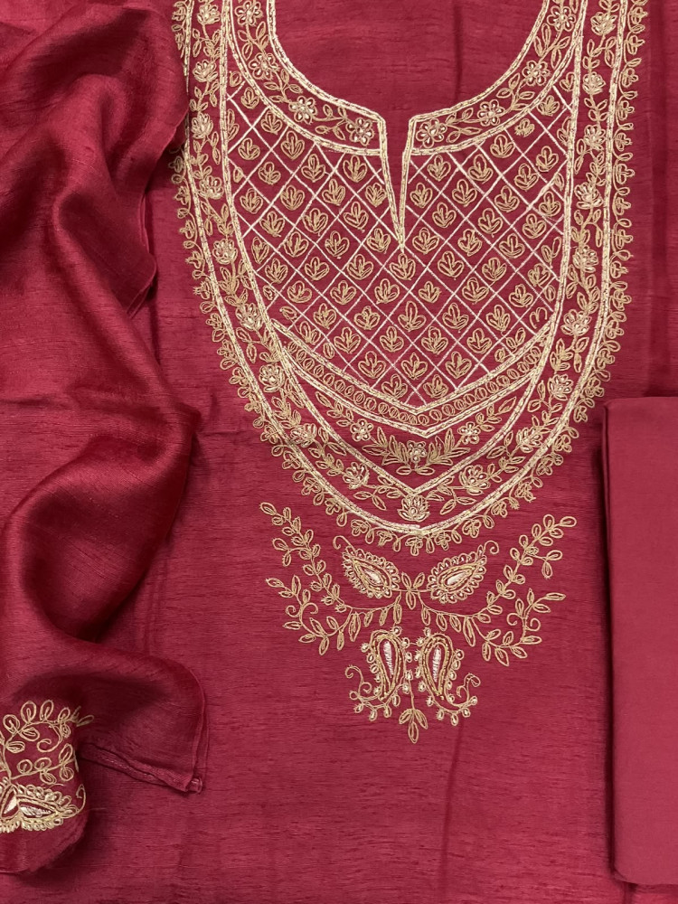 Image of Pure Raw Silk Embroidered Suit - Rustic Red