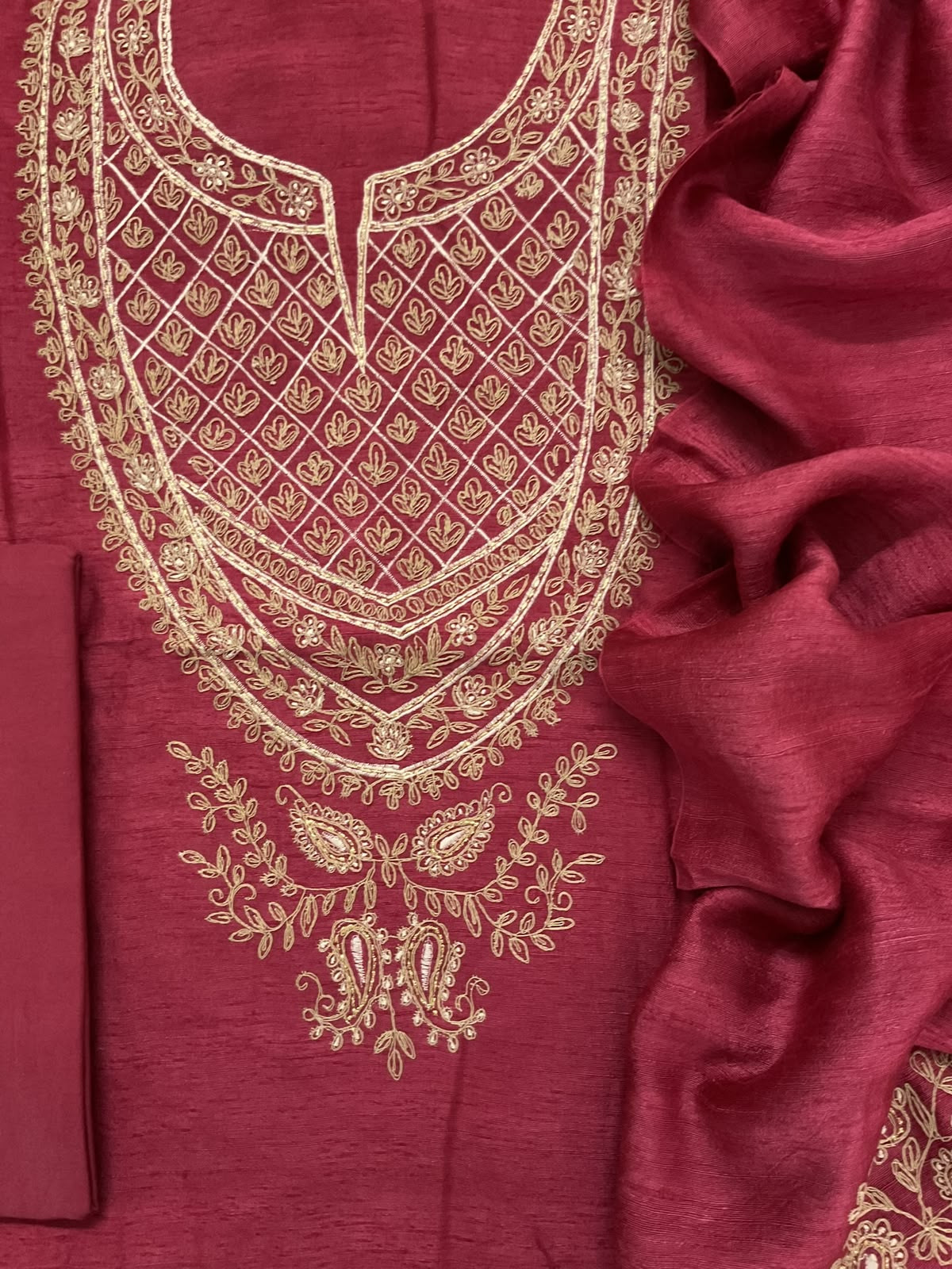 Pure Raw Silk Embroidered Suit - Rustic Red