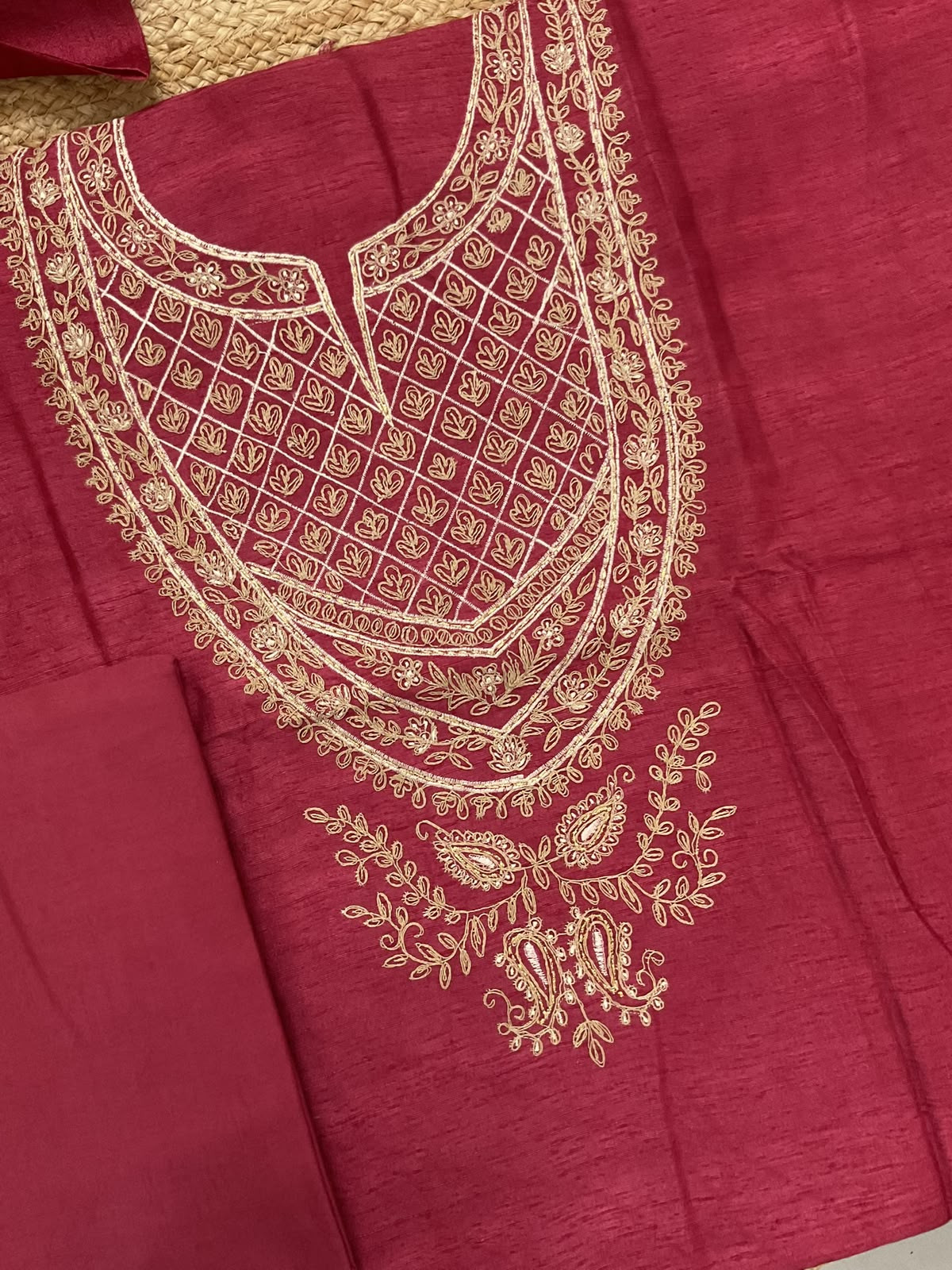 Pure Raw Silk Embroidered Suit - Rustic Red