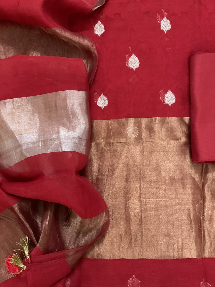 Image of Pure Mul Chanderi Self Weaved Banarasi Weaved Suit - Dark Red