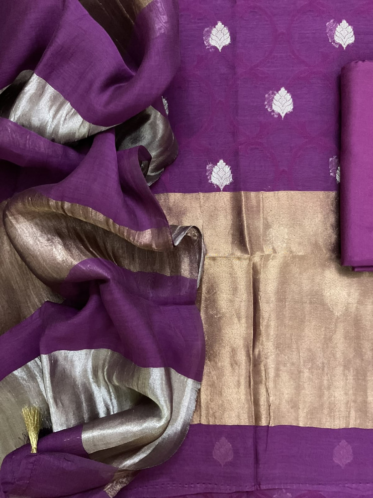 Image of Pure Mul Chanderi Self Weaved Banarasi Weaved Suit - Violet