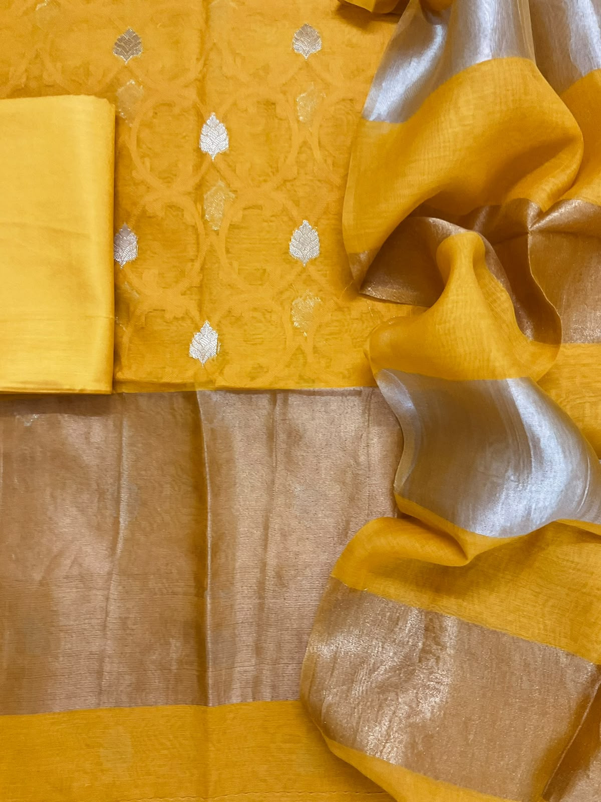 Pure Mul Chanderi Self Weaved Banarasi Weaved Suit - Yellow
