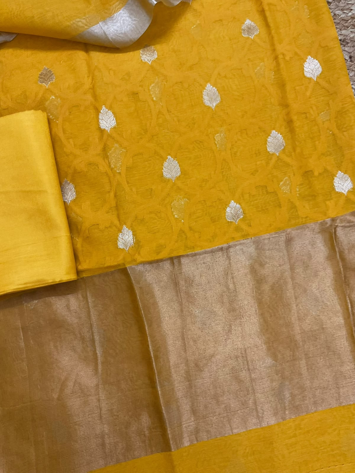 Pure Mul Chanderi Self Weaved Banarasi Weaved Suit - Yellow