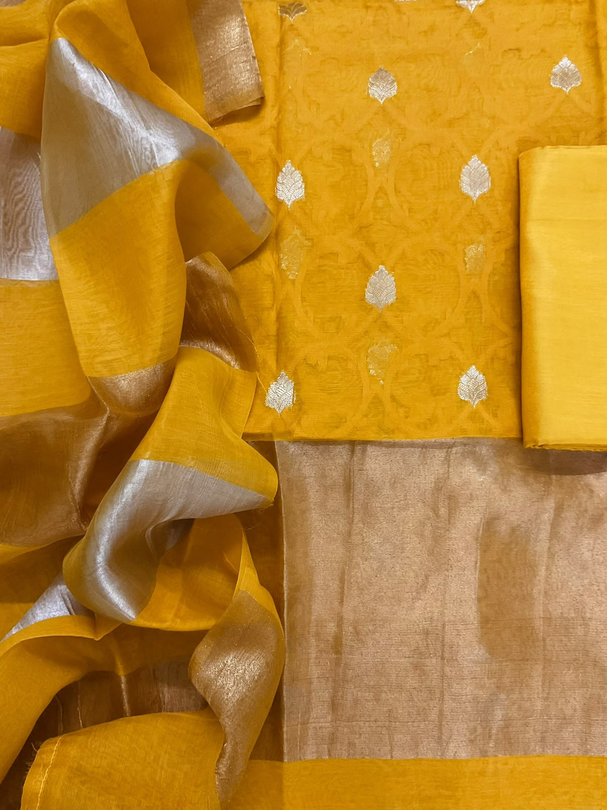 Pure Mul Chanderi Self Weaved Banarasi Weaved Suit - Yellow
