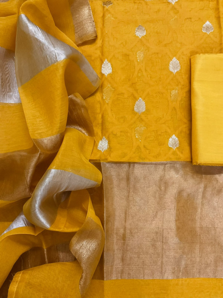 Image of Pure Mul Chanderi Self Weaved Banarasi Weaved Suit - Yellow