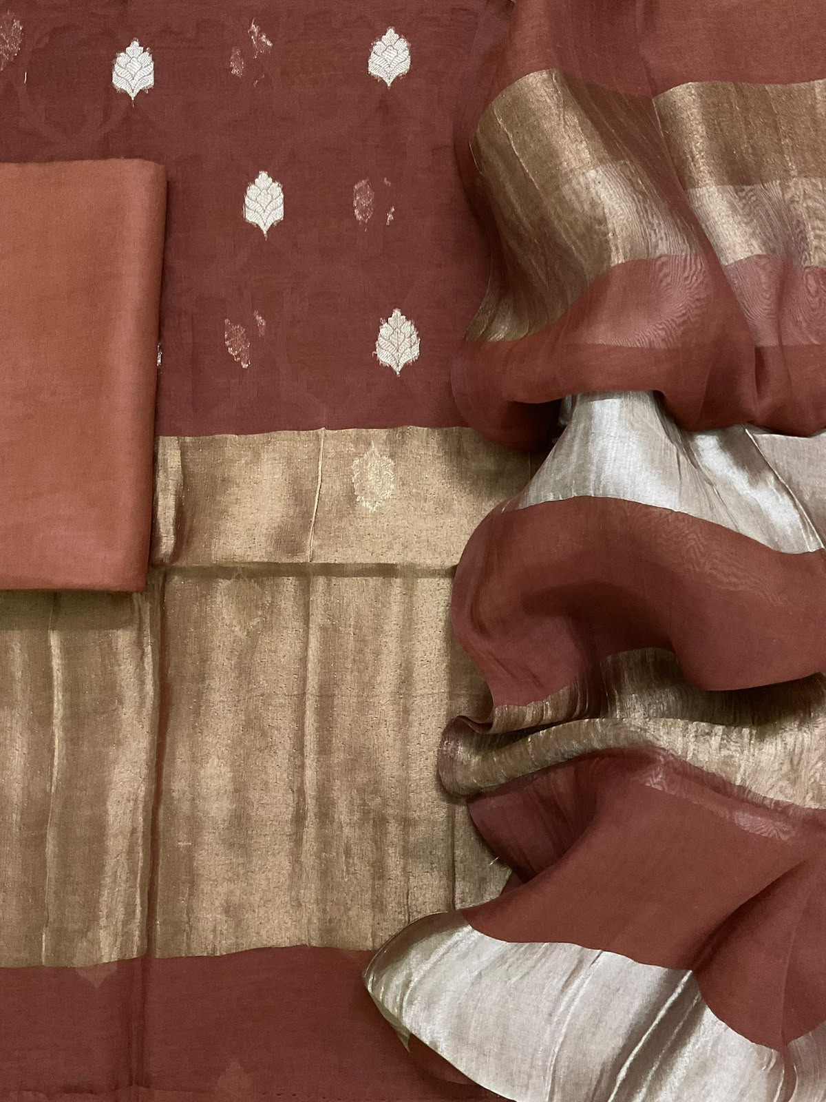 Pure Mul Chanderi Self Weaved Banarasi Weaved Suit - Brown