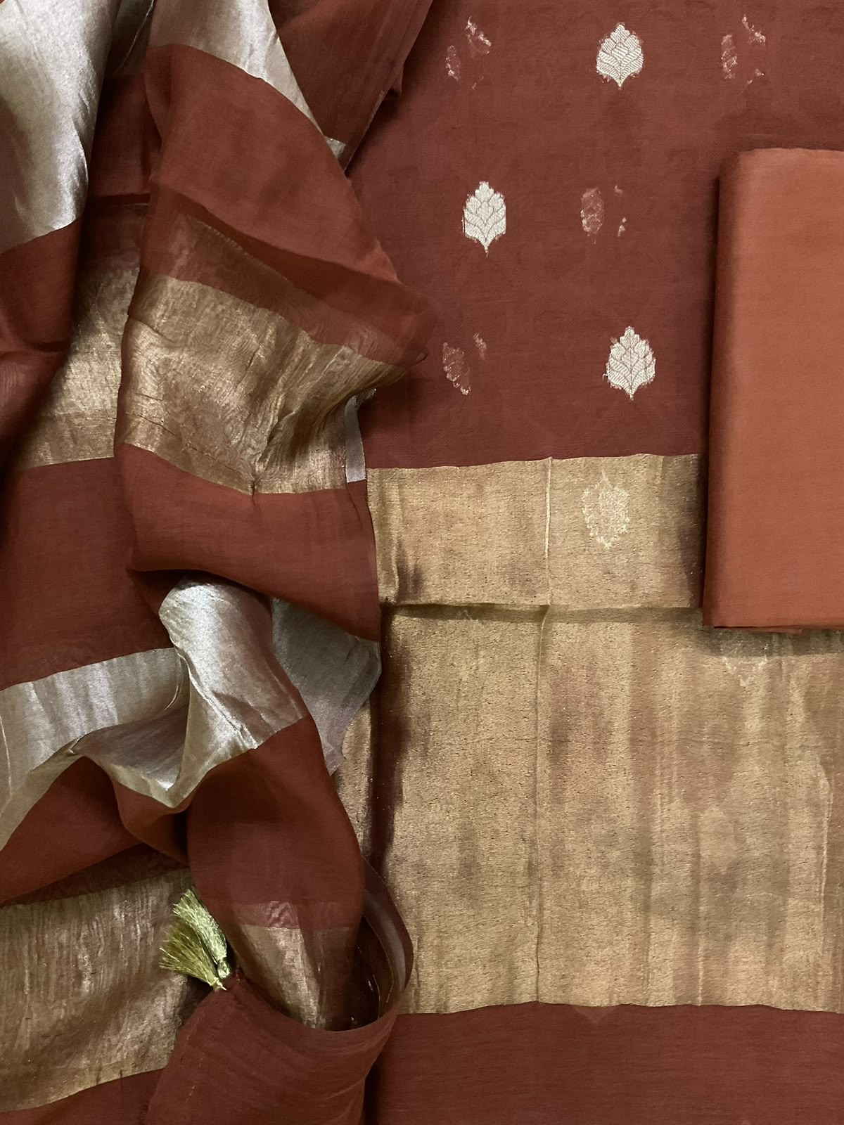 Pure Mul Chanderi Self Weaved Banarasi Weaved Suit - Brown
