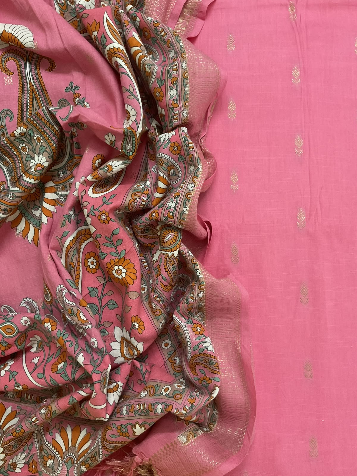 Pure Handloom Cotton Printed Self Weaved Suit - Pink