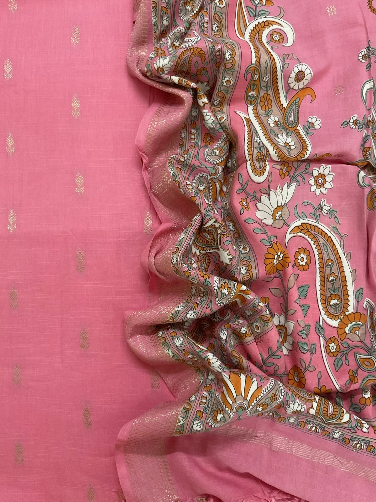 Pure Handloom Cotton Printed Self Weaved Suit - Pink