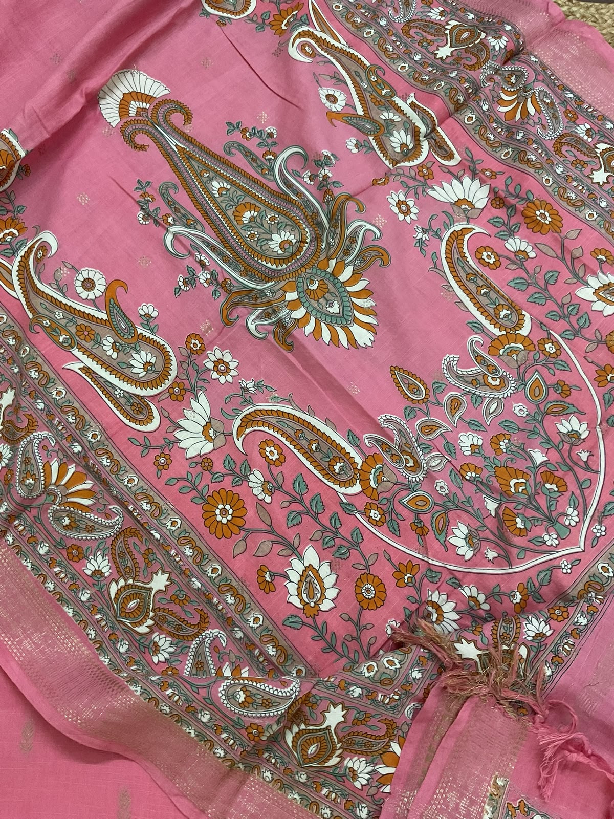Pure Handloom Cotton Printed Self Weaved Suit - Pink
