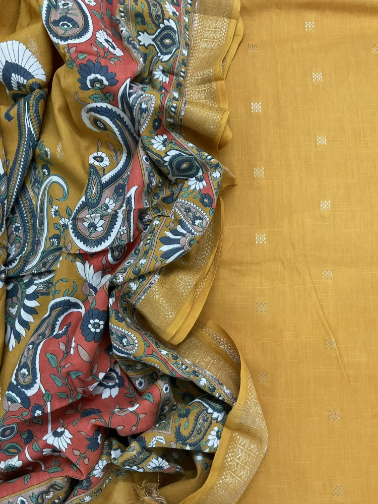 Image of Pure Handloom Cotton Printed Self Weaved Suit - Mustard